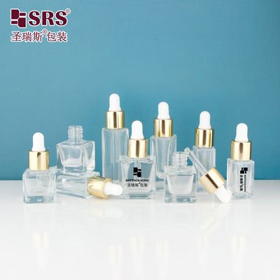 kopen D1229-5ml lege vierkant heldere glazen fles met glanzend goud metaal aluminium dropper cap schroef type witte siliconen bol voor geurende geur online vervaardiging