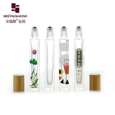 kopen 10ml High End Empty Square Glass Roll On Bottle with Bamboo Wooden Cap and 3D Printing Logo Service for Perfume Oil Serum online vervaardiging